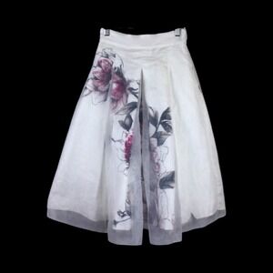 WhiteHouseBlackMarket Skirt Organza Size 00P White Floral Midi Ethereal A-line
